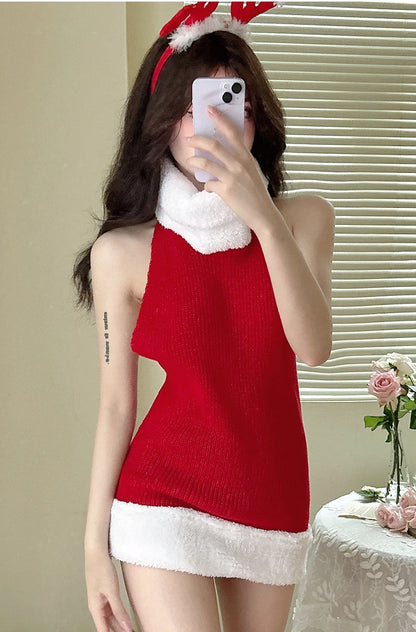 Women's Sweater Dress Christmas Pullover Red Backless Knitted Sleeveless Turtleneck Loose Jumper Festival Autumn Winter Sweaters