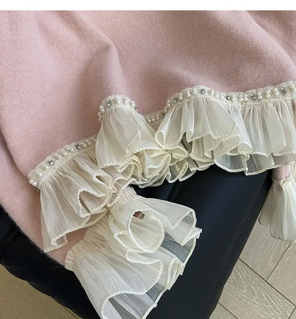 New Winter Sweet Loose Beaded Ruffled Pink Sweater for Women Fashion Versatile Casual and Elegant Knitted Sweater