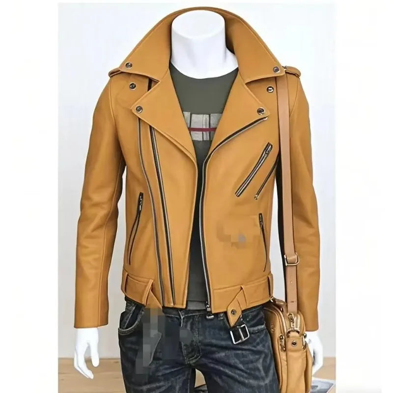 Men's Leather Jacket Fashionable Casual Coat Motorcycle Style Regular Cut Chinese Brand Stock AE New Autumn Winter Collection