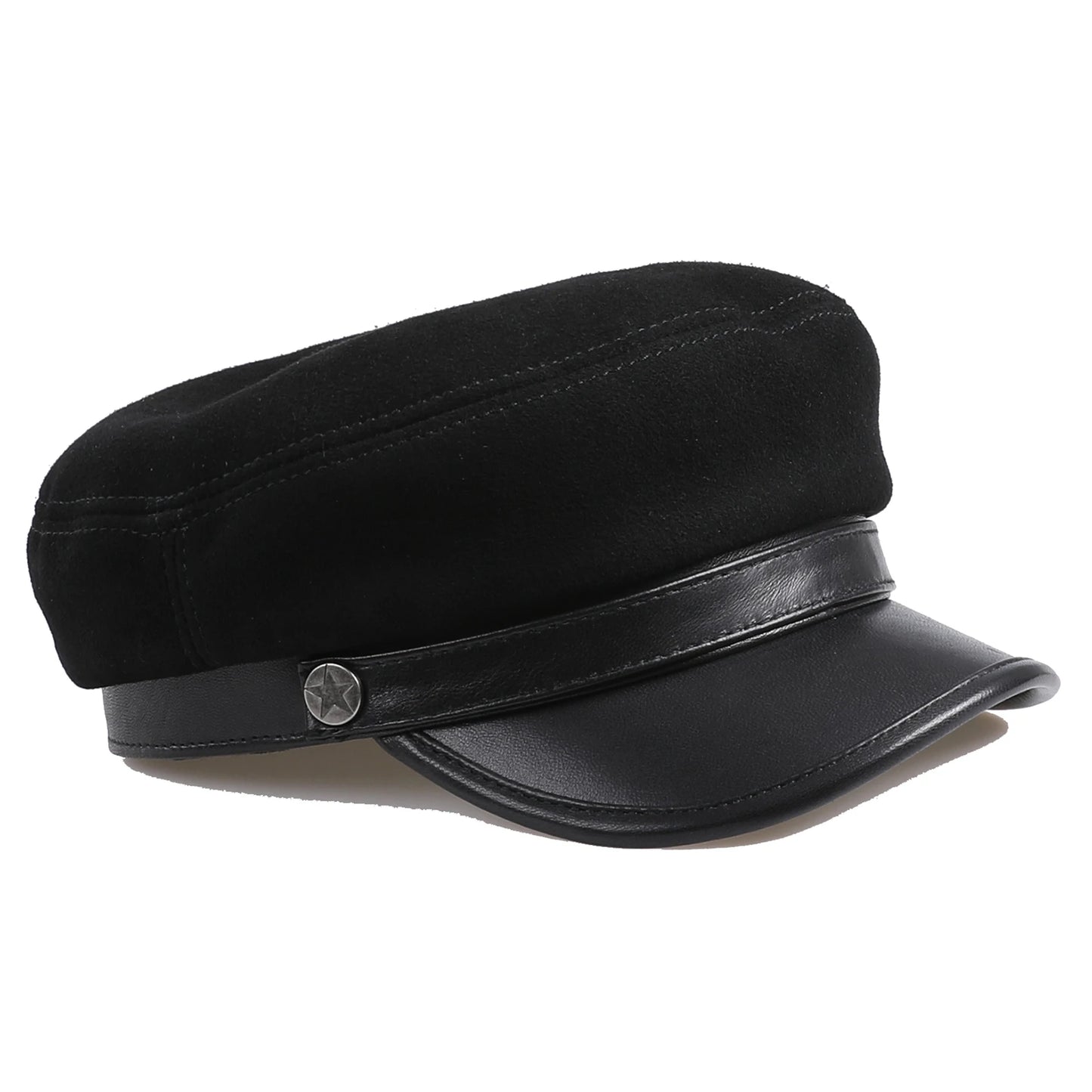 BOONJOVIA 100% Genuine Suede Leather Unisex Classic British Flat Top Cap-Military Army Style Sailo Hat-Breton Fiddler Hat