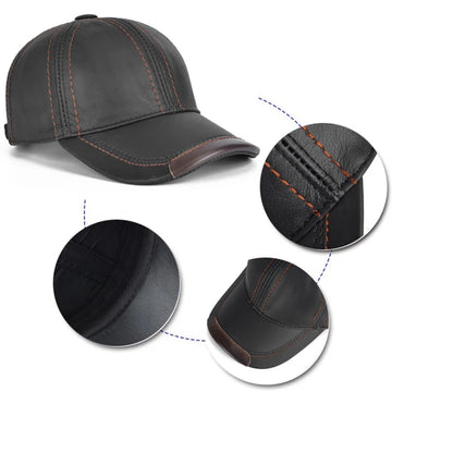 Men Real Cowhide Leather Earlap Caps Male Fall Winter 100% Real Cow Leather Hats New Casual Real Leather Outdoor Baseball Cap