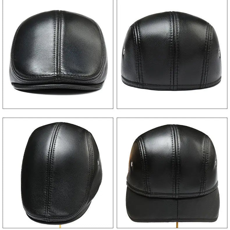 Men's Genuine Leather Hat Vintage Classic Thicker Warm Cowhide Leather Berets With Ears Snapback Cap Fashion Cap Gifts for Dad