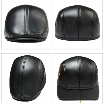 Men's Genuine Leather Hat Vintage Classic Thicker Warm Cowhide Leather Berets With Ears Snapback Cap Fashion Cap Gifts for Dad