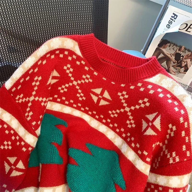Sweet Christmas Tree Red Sweater Women Long Sleeve O Neck Cute Knit Pullover Harajuku Y2K Preppy Style Casual Lazy Jumper