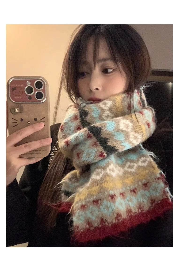Women's Winter Scarf Sweet Style Warm Scarf Knitted Wool Scarf  Winter High End Retro Thickened Warm Woolen Scarf Fashion Scarf