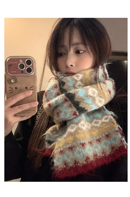 Women's Winter Scarf Sweet Style Warm Scarf Knitted Wool Scarf  Winter High End Retro Thickened Warm Woolen Scarf Fashion Scarf