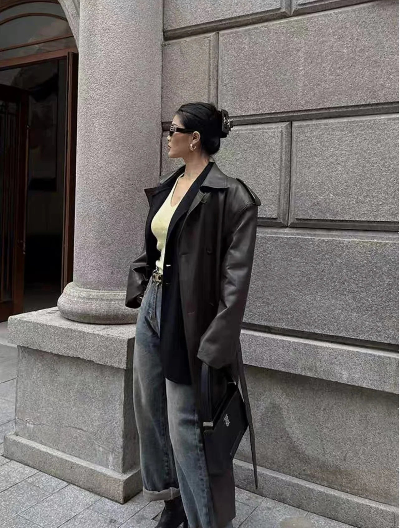 Women Faux PU Leather Coats Turn Down Collar Black High Waist Lace Up Long Jackets Casual Elegant Y2k Maxi Loose Windbreak