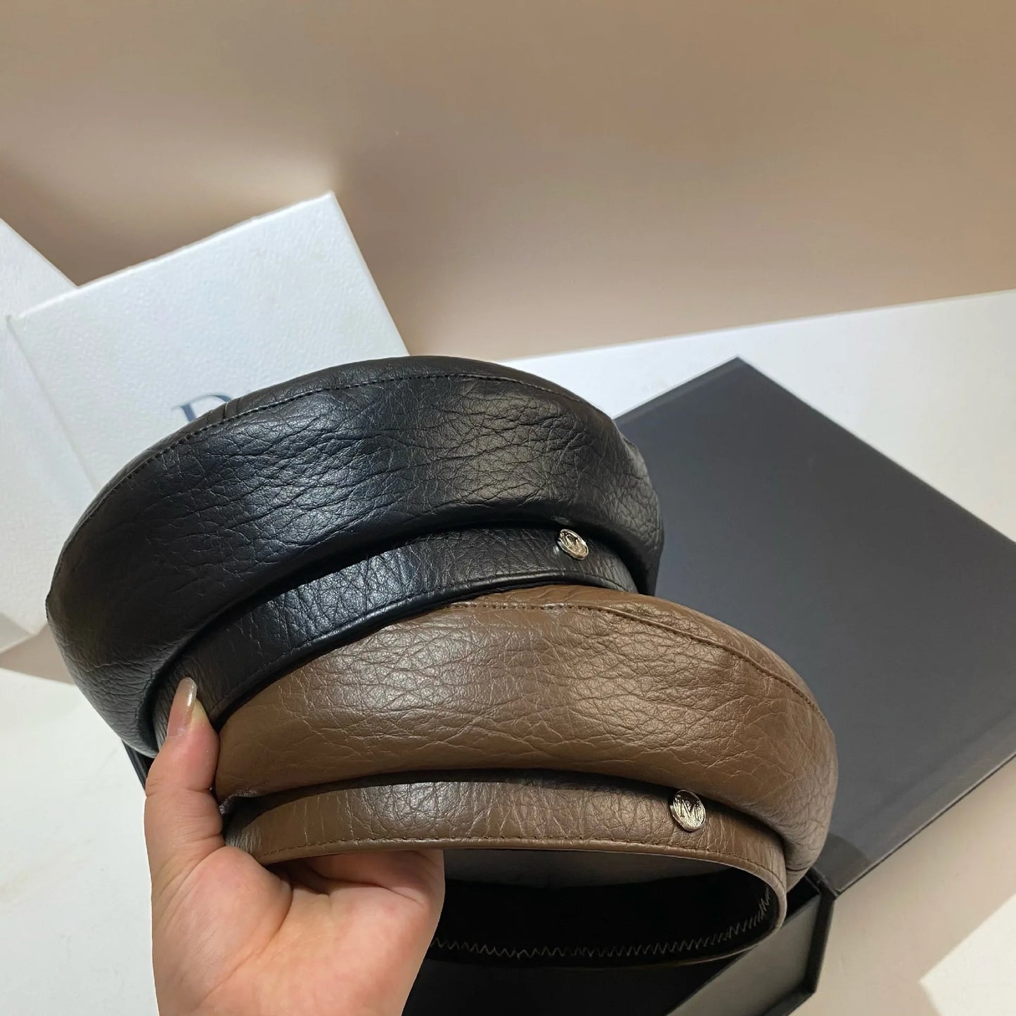 PU Leather Beret Caps Women Fashion Artist Painter Hat Letter M Female Berets Flat Top Octagonal Cap Ladies All-Match Caps