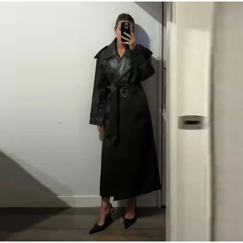 Elegant Women's Double Breasted Long Leather Coat With Belt Lapel Full Sleeve Pockets Jacket 2025 Autumn Winter Lady Outwear New