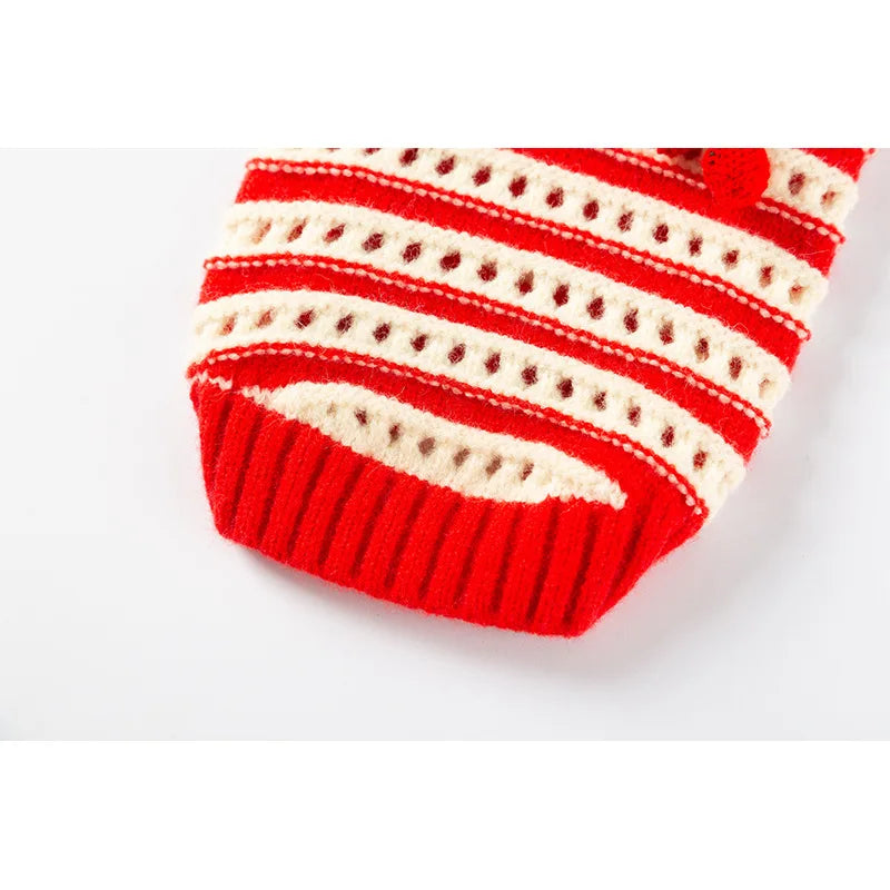 Christmas Dog Sweater, Cute Red Striped Pet Holiday Clothes, Puppy Cherry Sweaters for Small Dogs Cats, Fall Winter Xmas Costume