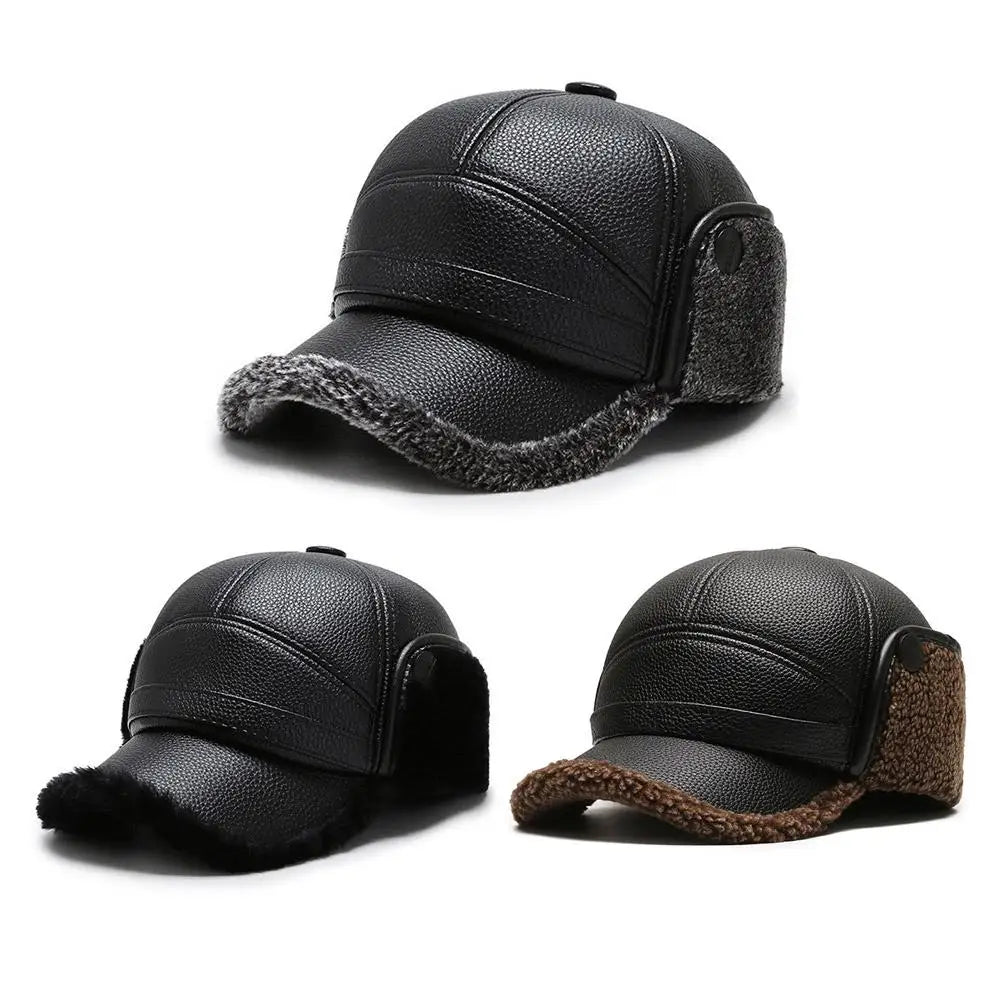 PU Leather Baseball Cap Men Winter Warm Hat Dad Grandpa Thermal Hat Thick Warm Leather Hat Old Man Ear Protection Cap