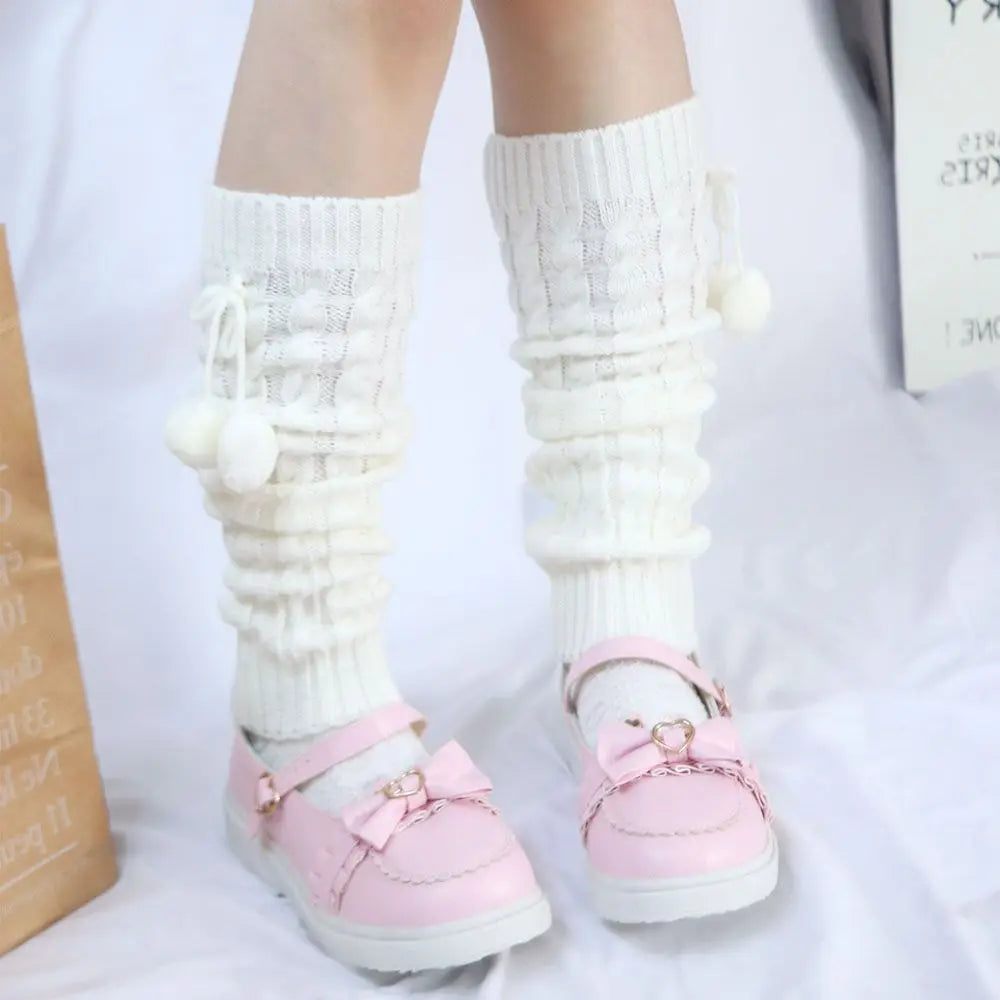 Winter Sweet Lolita Autumn Wool Ball Knitted Leg Warmers Leg Warm Socks Foot Cover Knee Cover