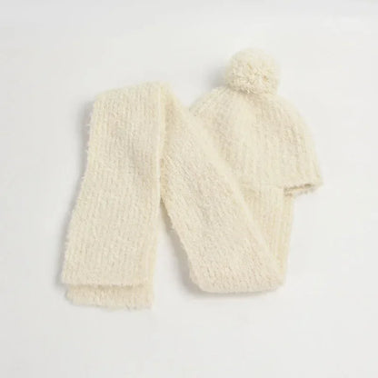 Winter Sweet Girl's Must-have - Wool Blend Beanie with Scarf and Shiny Furball