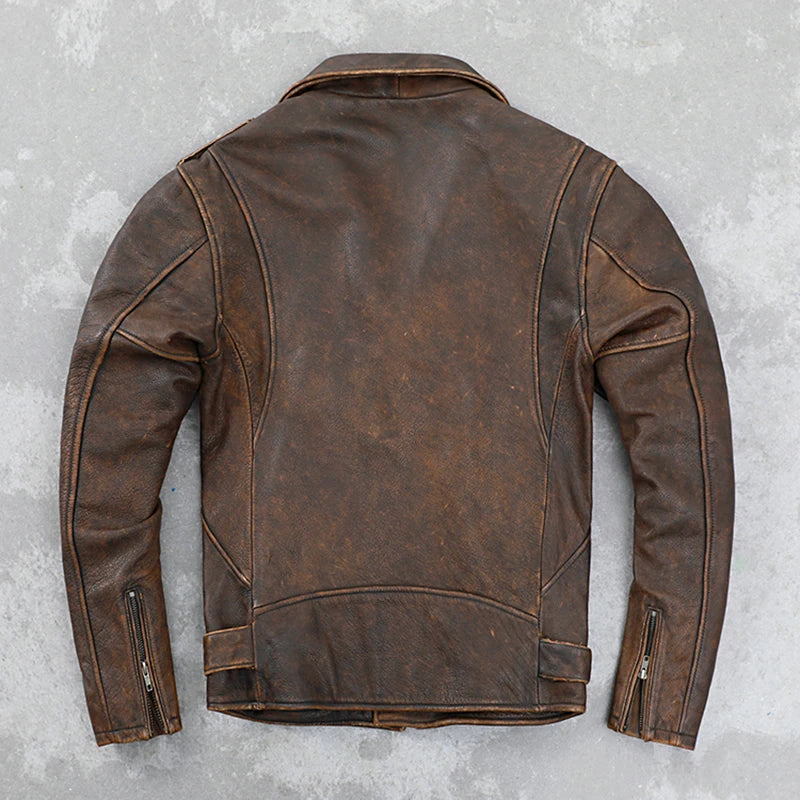 Cowhide Leather Coat Men's Retro Distressed Motorcycle Cycling Clothing Trendy Youth LapeSpring and Autumn Coat