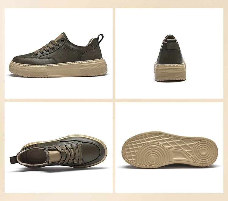 Genuine Leather Men's Casual Shoes, Thick-soled, Anti-slip, Wear-resistant, Height-increasing, Street Fashion, Retro Board Shoes