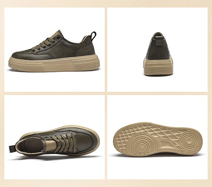 Genuine Leather Men's Casual Shoes, Thick-soled, Anti-slip, Wear-resistant, Height-increasing, Street Fashion, Retro Board Shoes