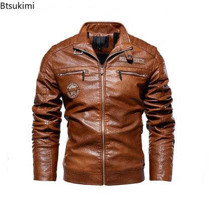 2025 Leather Jackets Men's Autumn Winter Fleece Motorcycle PU Leather Jackets Vintage Casual Stand Collar Windbreaker Slim Coats