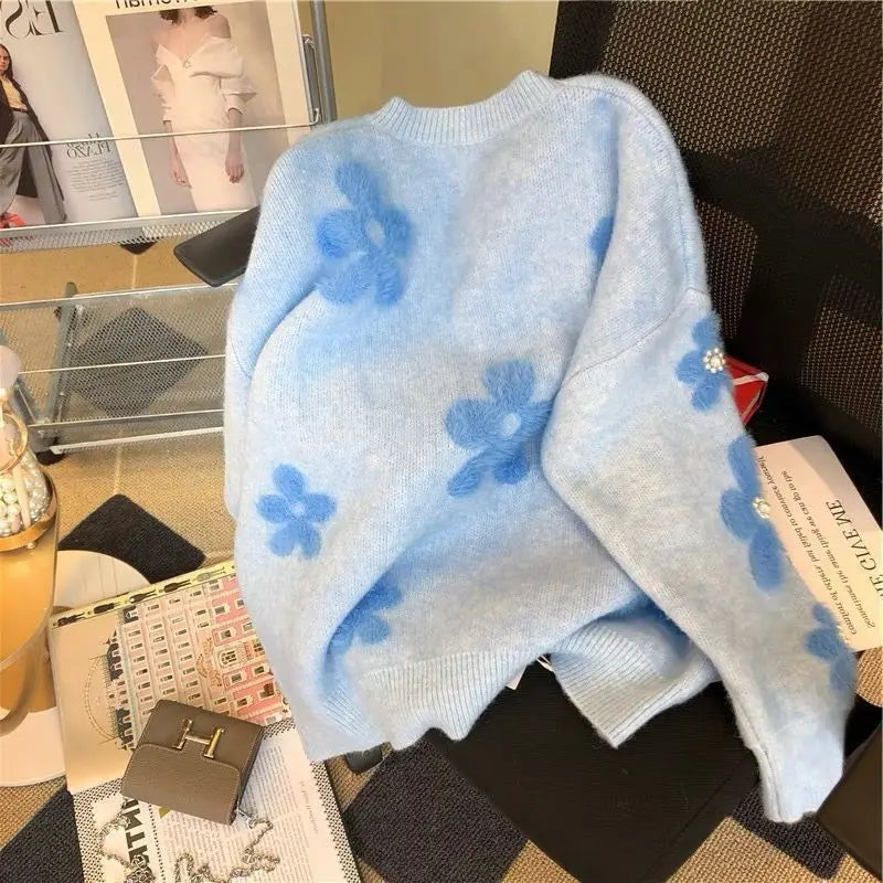 Soft Glutinous Sweater for Women in Autumn and Winter 2025 New Beaded Flowers Niche Fashion and Sweet