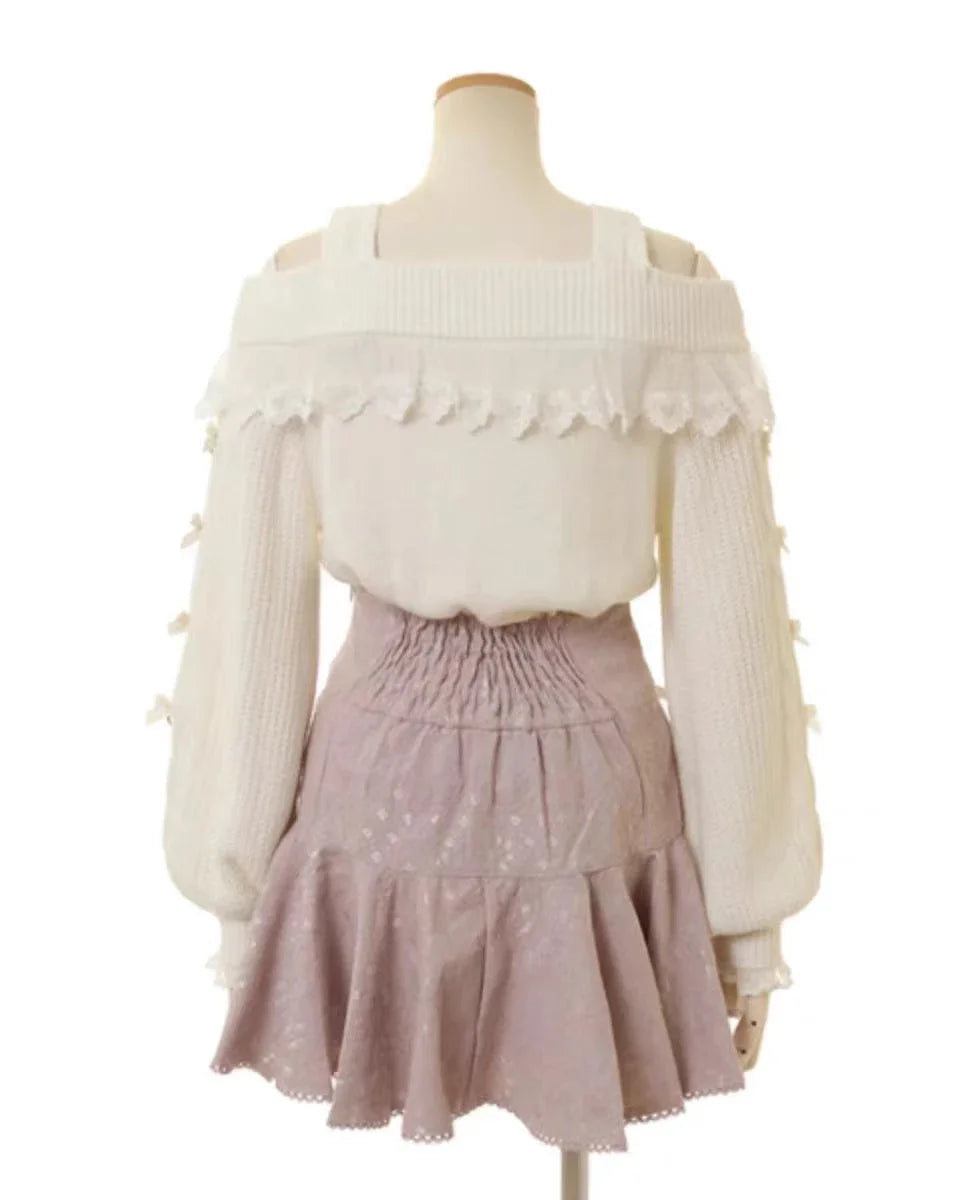 Japanese Sweet Bow Long-sleeve Knitted Pullover Sweater Autumn Winter New Off-shoulder Sexy Lolita Girls Liz Sweater Jumper Top