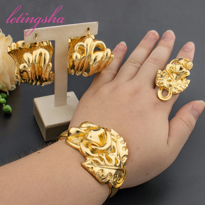 Fashion Jewelry Set for Women Large Hoop Earrings and Bangle Ring Weddings Bride Trendy Bracelet and Earrings Jewelry Set