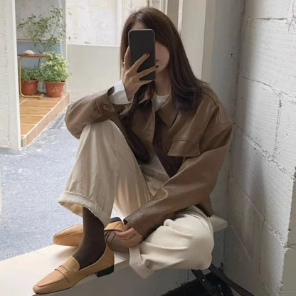 Fashion Lapel Collar Leather Jacket Women Outerwear Retro Vintage PU Coats Korean Chic Windbreaker Jackets Autumn/Winter