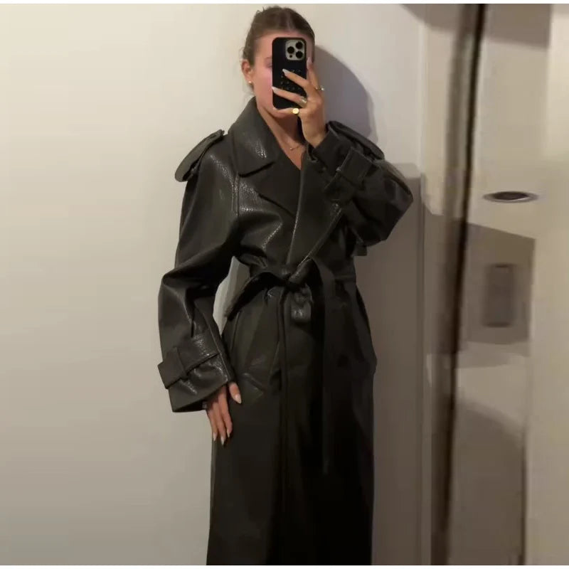 Elegant Women's Double Breasted Long Leather Coat With Belt Lapel Full Sleeve Pockets Jacket 2025 Autumn Winter Lady Outwear New