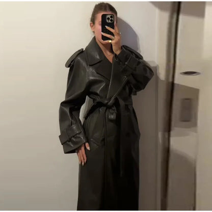 Elegant Women's Double Breasted Long Leather Coat With Belt Lapel Full Sleeve Pockets Jacket 2025 Autumn Winter Lady Outwear New