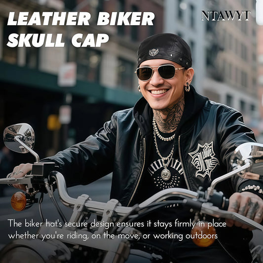 Leather motorcycle cap-adjustable motorcycle skull hat, comfortable fit, fashion motorcycle style bandana, suitable for cycling
