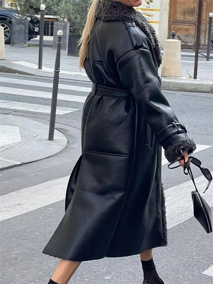 Women's Coat 2025 Autumn New Style Black Long-Sleeve Leather and Fur Integrated Coat with Belt High-End Outerwear Elegant