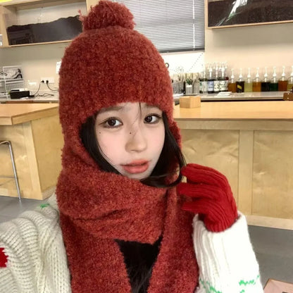 Winter Sweet Girl's Must-have - Wool Blend Beanie with Scarf and Shiny Furball