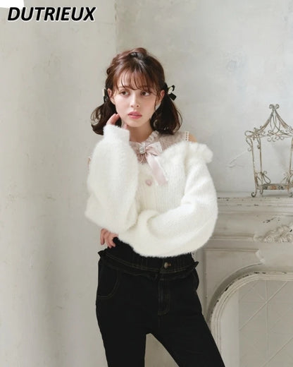 Sweet Lolita Winter Clothes Women Off Shoulder Sweater Pullover Student Elegant Long Sleeve Knitwear Bow Lace Waist Slim Sweater