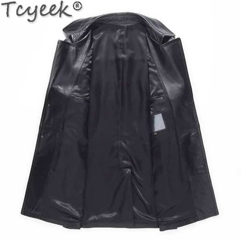 Tcyeek Real Cowhide Genuine Leather Man Jackets Mid-length Trench Coat Spring Autumn Suit Jacket Men Clothing Jaqueta De Couro