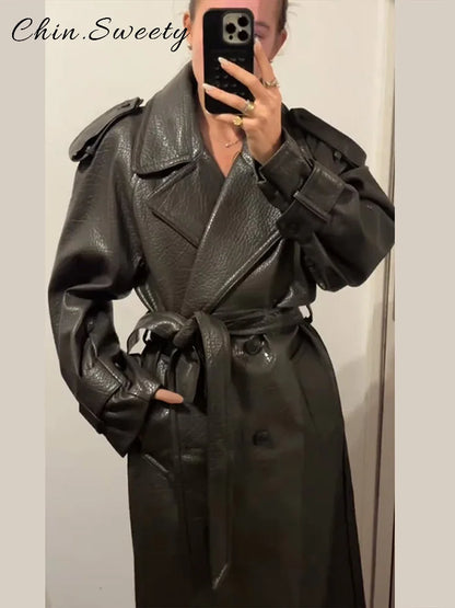 Elegant Women's Double Breasted Long Leather Coat With Belt Lapel Full Sleeve Pockets Jacket 2025 Autumn Winter Lady Outwear New