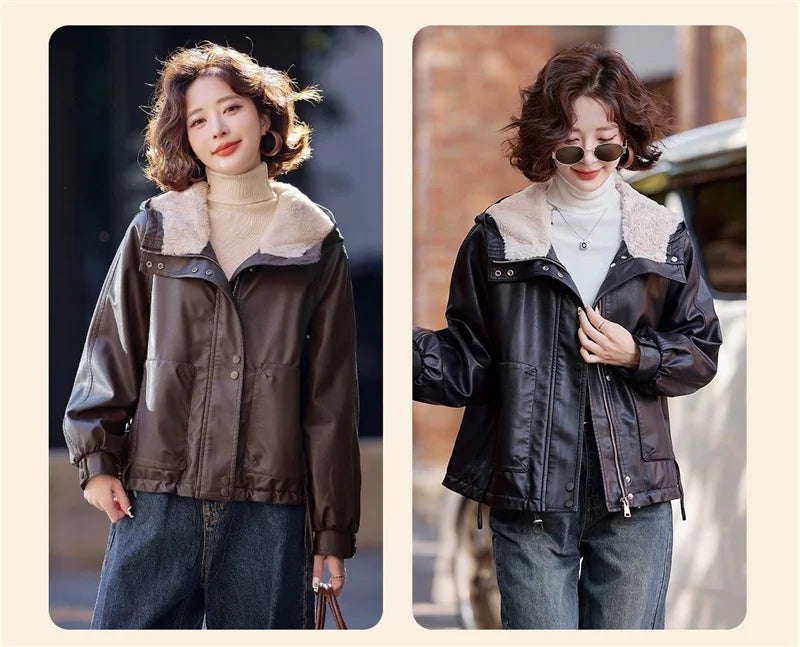 2025 Winter Leather Jacket Women Add-velvet Thicken Warm Coats Loose Hooded Short Jackets Streetwear Windproof Leather Outerwear