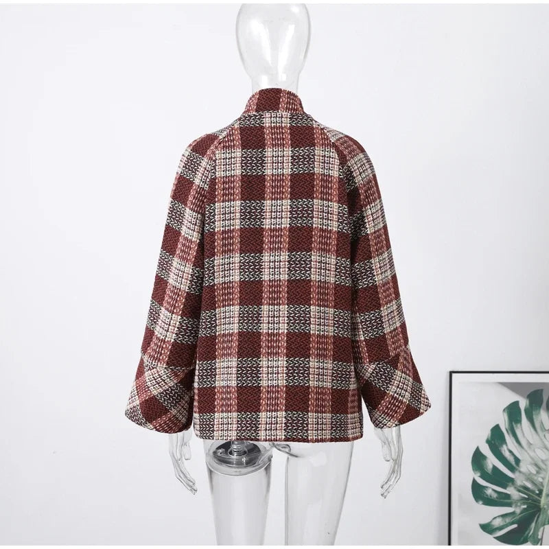 Autumn Winter Chic Coat Warm Checkered Turtleneck Shoulder Straight Coat Women Double Breasted Full Sleeve Middle Long Coat Lady