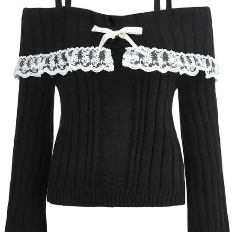 Sweet And Fresh Women's Sweater 2024 Autumn And Winter Bow Solid Color Cute Lace Single Shoulder Strap Sweater Girlish Style.
