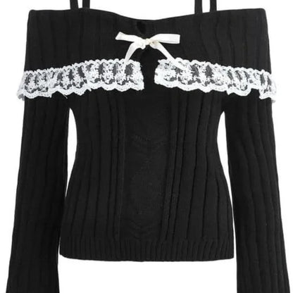 Sweet And Fresh Women's Sweater 2024 Autumn And Winter Bow Solid Color Cute Lace Single Shoulder Strap Sweater Girlish Style.