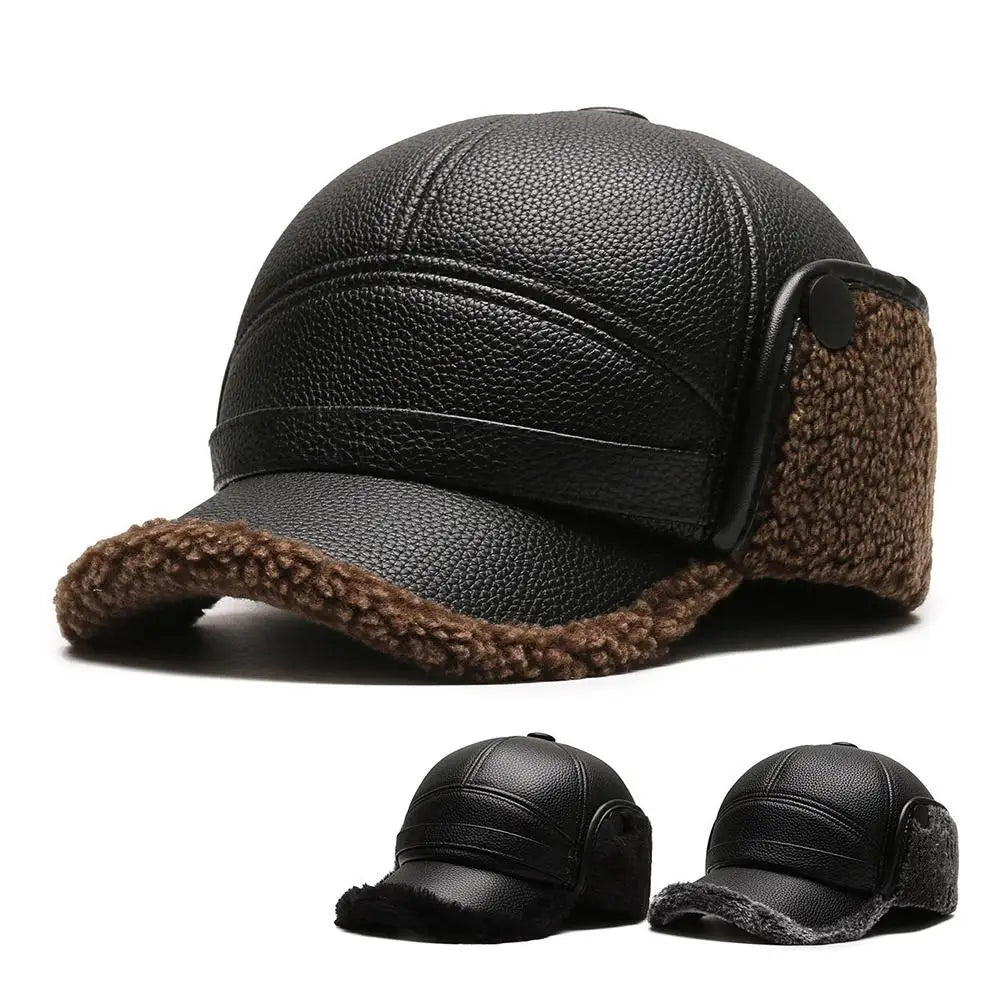 PU Leather Baseball Cap Men Winter Warm Hat Dad Grandpa Thermal Hat Thick Warm Leather Hat Old Man Ear Protection Cap