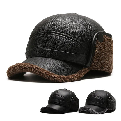 PU Leather Baseball Cap Men Winter Warm Hat Dad Grandpa Thermal Hat Thick Warm Leather Hat Old Man Ear Protection Cap