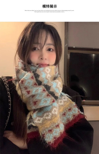 Women's Winter Scarf Sweet Style Warm Scarf Knitted Wool Scarf  Winter High End Retro Thickened Warm Woolen Scarf Fashion Scarf