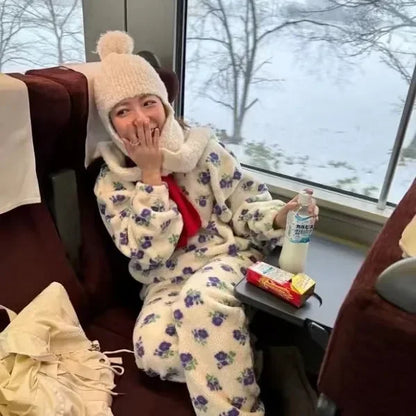 Winter Sweet Girl's Must-have - Wool Blend Beanie with Scarf and Shiny Furball