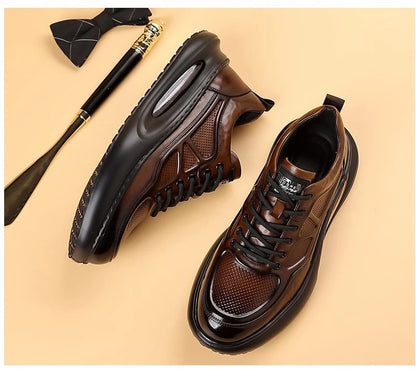 Genuine Leather Shoes Men Trendy Athletic Casual Walking Business Office Air Cushion Sneaker Sports Lightweight Streetwear Brown