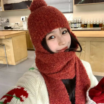Winter Sweet Girl's Must-have - Wool Blend Beanie with Scarf and Shiny Furball