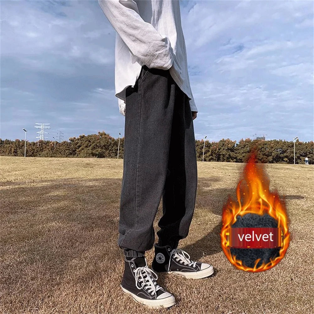 Winter Jeans Men Warm Joggers Jeans Harem Pants Thickdenim Pants men sweatpants elastic jean for men pants male jeans
