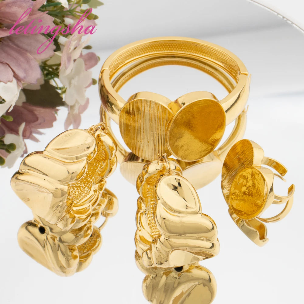 Fashion Jewelry Set for Women Large Hoop Earrings and Bangle Ring Weddings Bride Trendy Bracelet and Earrings Jewelry Set