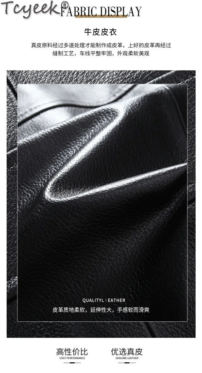 Tcyeek Real Cowhide Genuine Leather Man Jackets Mid-length Trench Coat Spring Autumn Suit Jacket Men Clothing Jaqueta De Couro