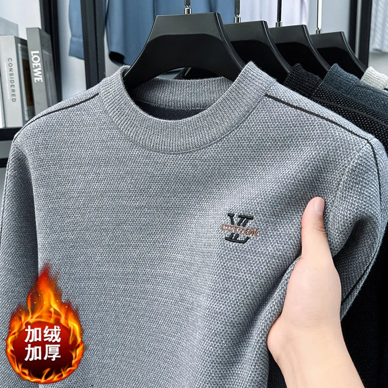 Winter 2025 Men's Sweater with Fleece and Mink Fur for Middle-aged Warmth, Integrated Fleece Base, Embroidered Round Neck Top