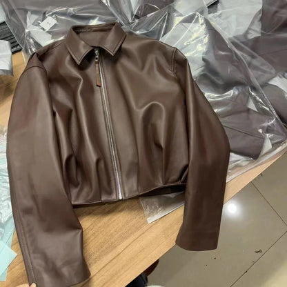 Natural Leather jacket For Women Lambskin Bomber Biker Jacket Long Sleeves 100% Sheepskin Leather Coat  Folded Short Tops Woman