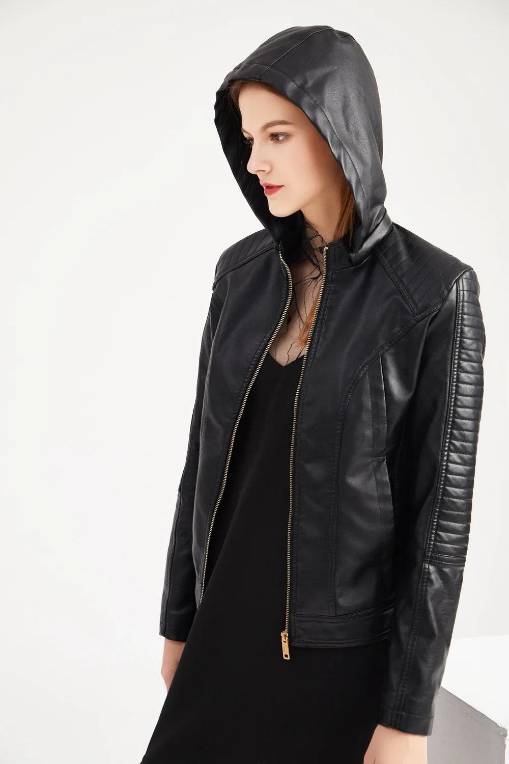 Faux Leather Women Coat Hooded Full Sleeve Slim Fit Solid Sexy Regular Jackets Zipper Casual Splice Coats Thick Warm Jacket