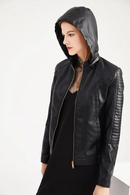 Faux Leather Women Coat Hooded Full Sleeve Slim Fit Solid Sexy Regular Jackets Zipper Casual Splice Coats Thick Warm Jacket